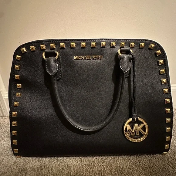 Michael Kors | Bags | Michael Kors Satchel Bag In Black  Michael Kors Black Leather Satchel with Gold Logo Charm main image 0